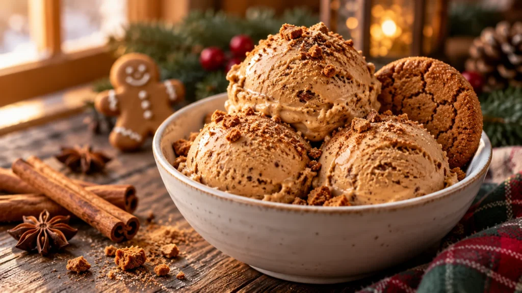 Ninja Creami gingerbread gelato scoops with crushed gingersnaps in a white bowl